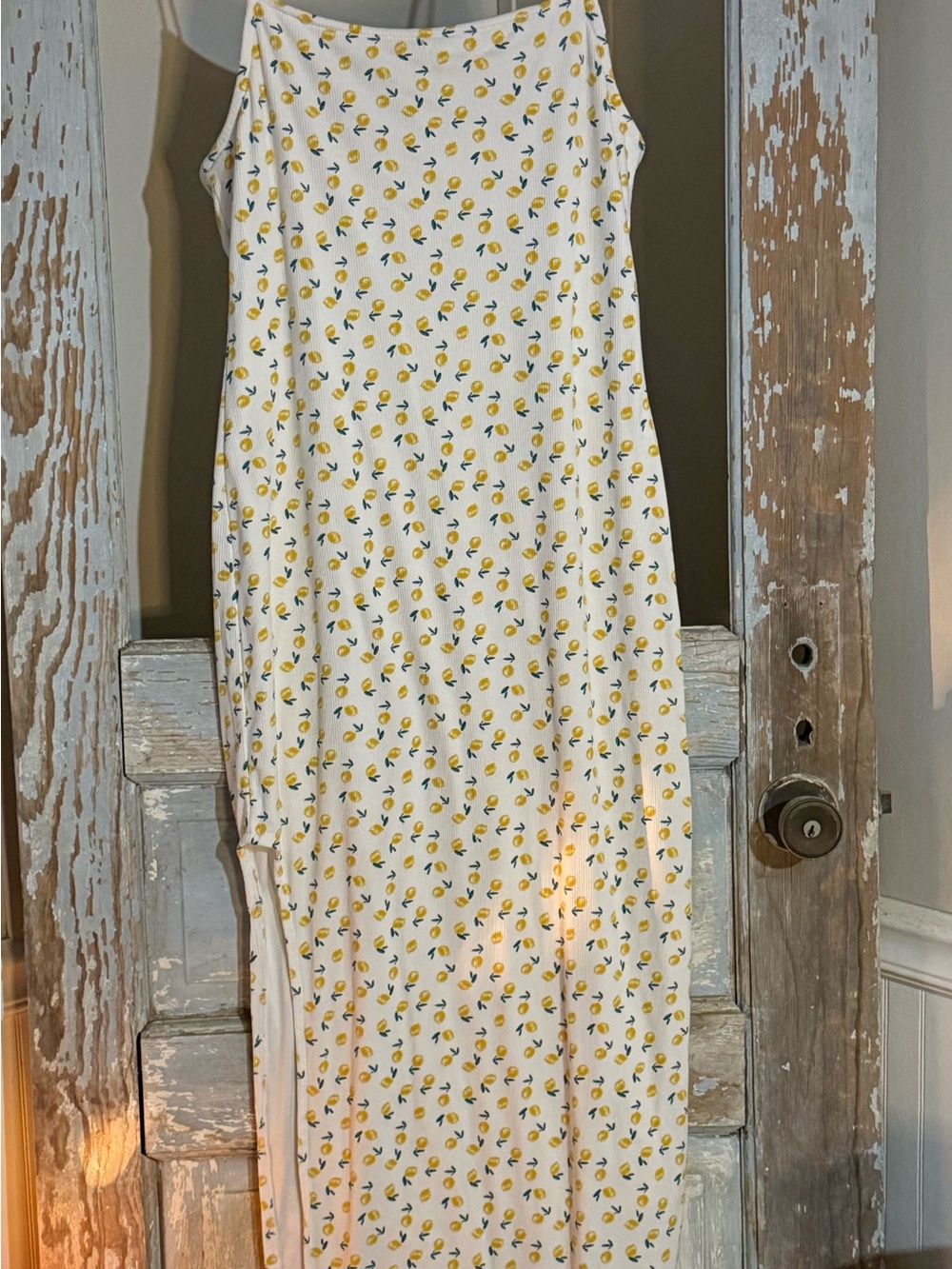 Vine & Valley Women’s XL Lemon Print Ribbed Maxi Dress Side Slit Spaghetti Strap - Picture 3 of 10